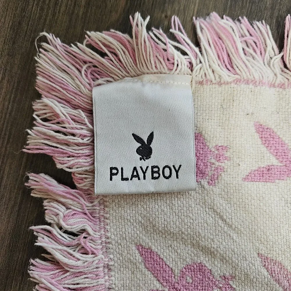 Vintage 2004 Playboy Bunny Reversible Throw Blanket Pink Cream Y2K Fringe